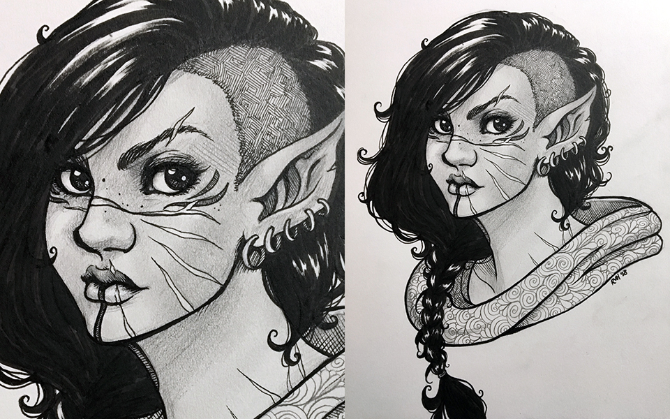Character headshot, in pencil and ink.